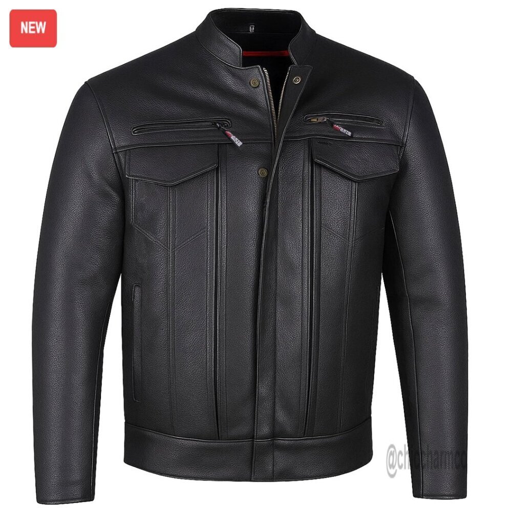 Men's Motorcycle Leather Jacket CE Armor Utility Pockets Street Cruiser Biker